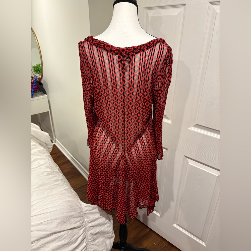 Joseph Ribkoff Red Black Sheer Mesh Tunic Dress Handkerchief Hem 12